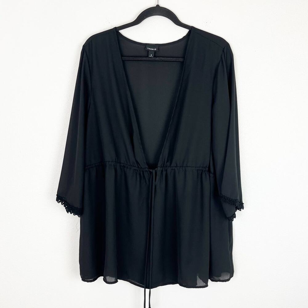 Torrid Top Sheer Black Deep V Drawstring Wide 3/4 Length Sleeve 4X